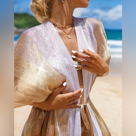 Ombre White Gold French Fringe Shimmers Boho Open Front Kimono Short Duster Wrap - Picture 2 of 4